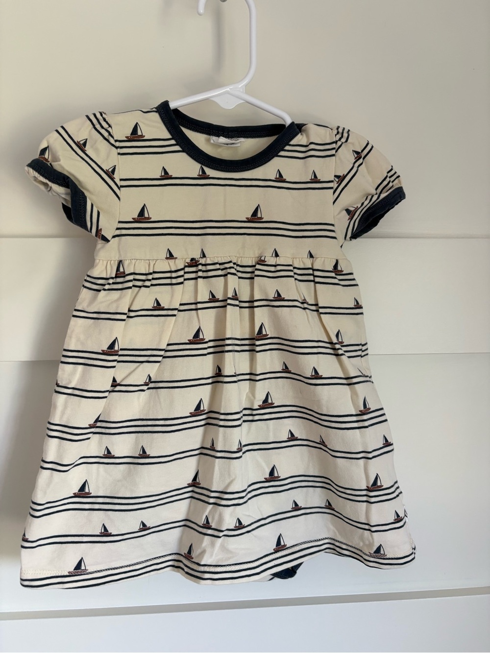 Girls' Sailboat Stripe Cotton Dress in Cream and Navy